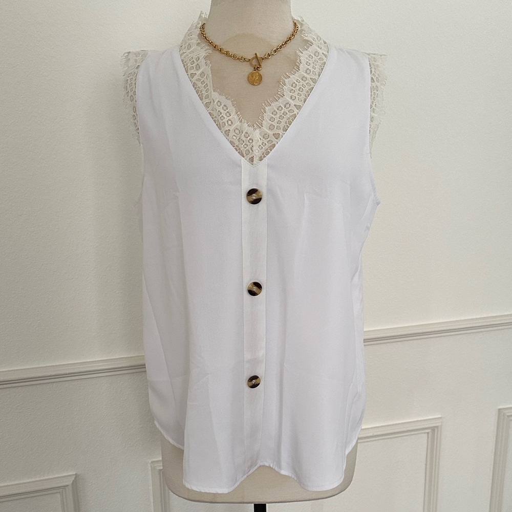 White Sleeveless Blouse with Lace Trim